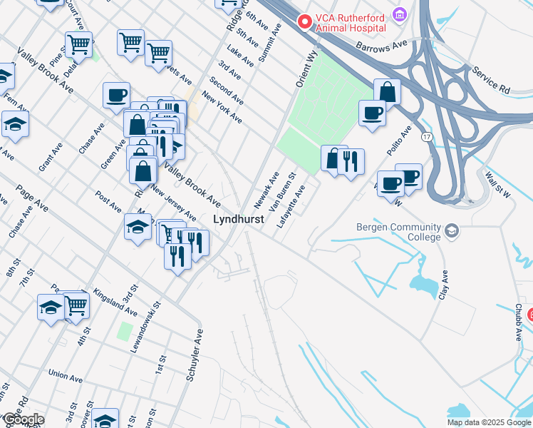map of restaurants, bars, coffee shops, grocery stores, and more near 273 Van Buren Street in Lyndhurst