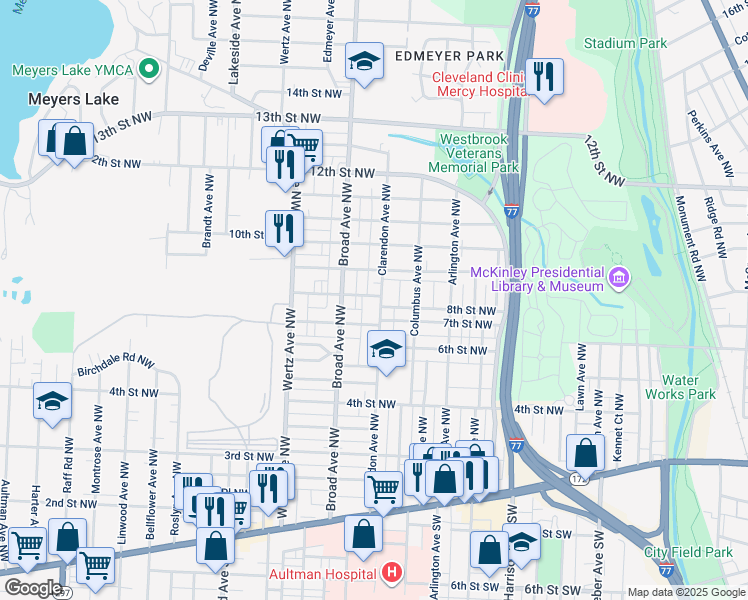 map of restaurants, bars, coffee shops, grocery stores, and more near 809 Clarendon Avenue Northwest in Canton