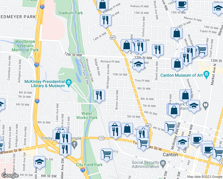 map of restaurants, bars, coffee shops, grocery stores, and more near 1320 9th Street Northwest in Canton