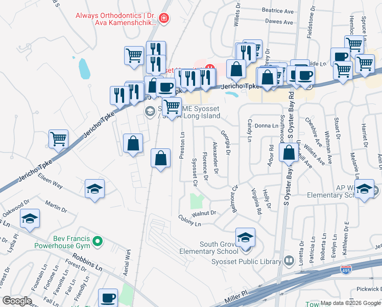 map of restaurants, bars, coffee shops, grocery stores, and more near 50 Syosset Circle in Syosset
