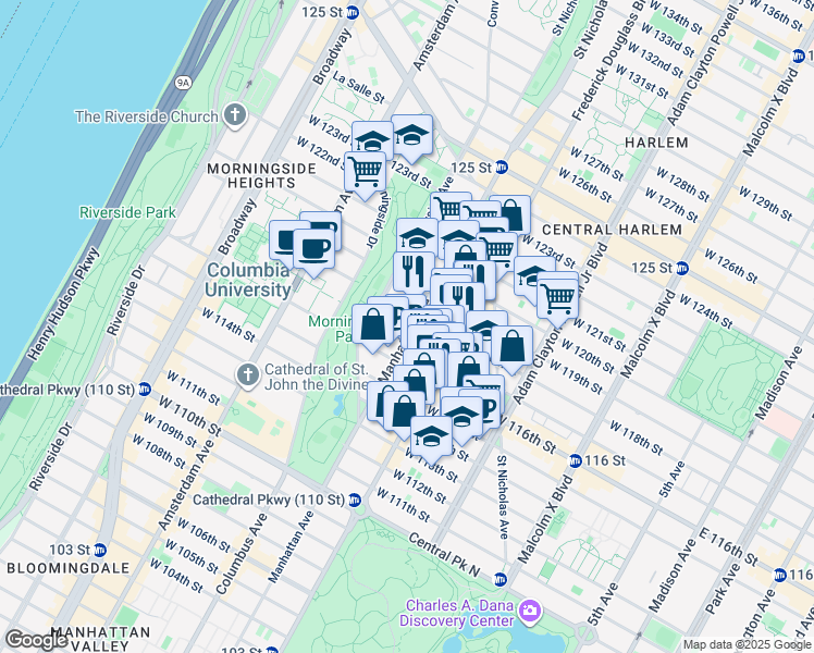 map of restaurants, bars, coffee shops, grocery stores, and more near 408 Manhattan Avenue in New York