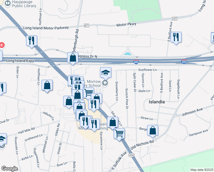 map of restaurants, bars, coffee shops, grocery stores, and more near 299 Sycamore Lane in Islandia