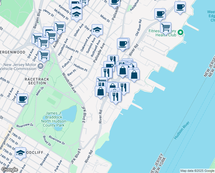 map of restaurants, bars, coffee shops, grocery stores, and more near 137 Old River Road in Edgewater