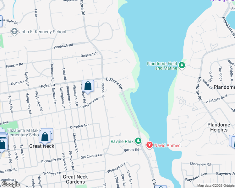 map of restaurants, bars, coffee shops, grocery stores, and more near 371 East Shore Road in Great Neck