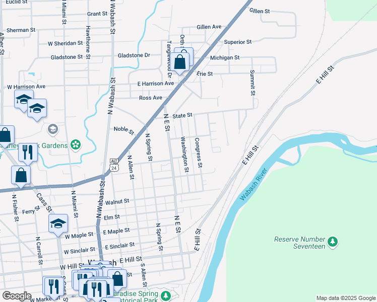map of restaurants, bars, coffee shops, grocery stores, and more near 635 Washington Street in Wabash