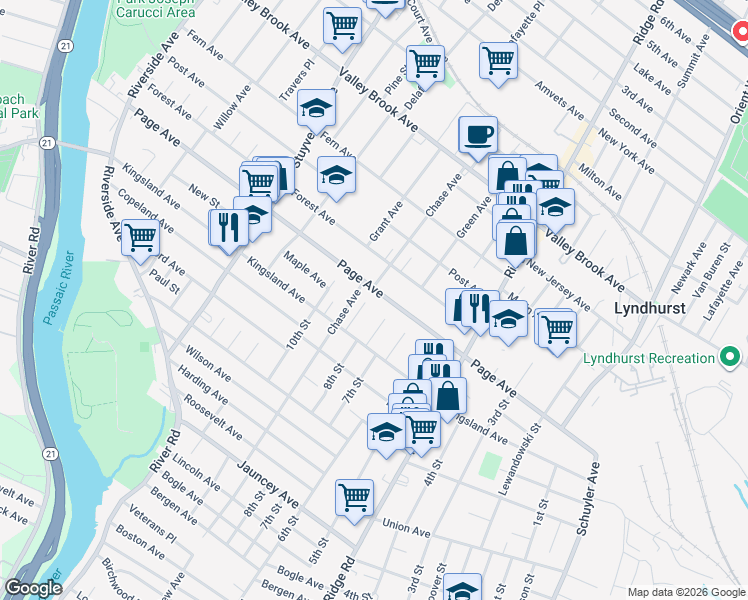 map of restaurants, bars, coffee shops, grocery stores, and more near 436 Page Avenue in Lyndhurst