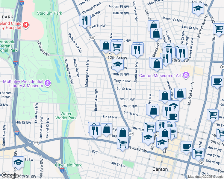 map of restaurants, bars, coffee shops, grocery stores, and more near 835 Fulton Rd NW in Canton