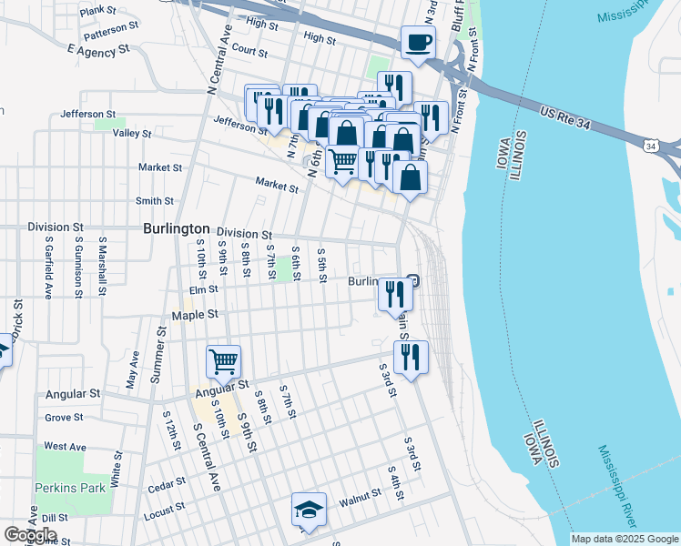 map of restaurants, bars, coffee shops, grocery stores, and more near 237 South 4th Street in Burlington