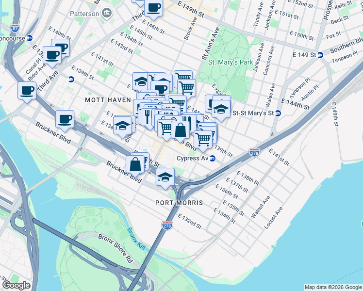 map of restaurants, bars, coffee shops, grocery stores, and more near 587 East 137th Street in The Bronx