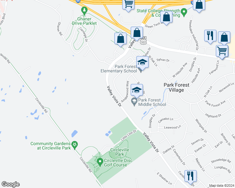 map of restaurants, bars, coffee shops, grocery stores, and more near 873 Galen Drive in State College