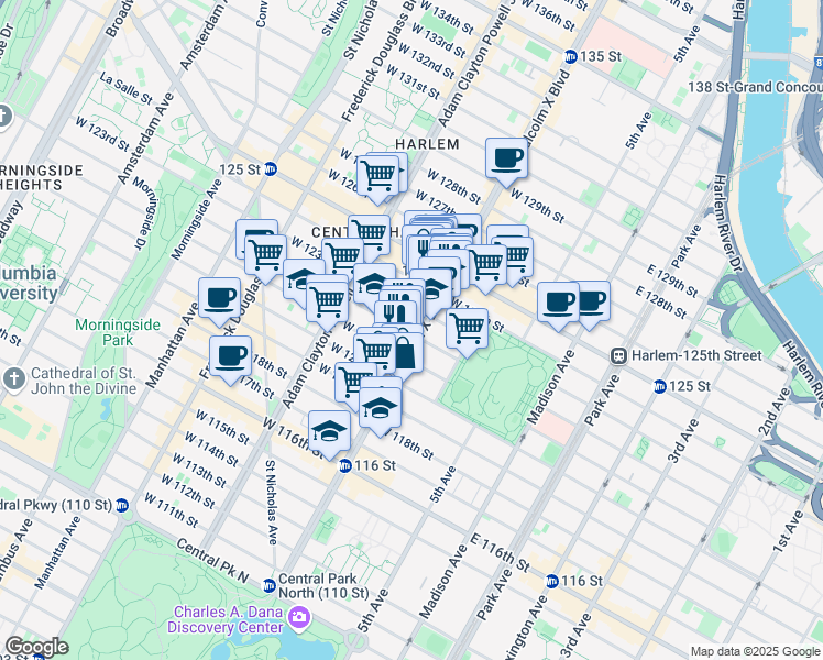 map of restaurants, bars, coffee shops, grocery stores, and more near 241 Lenox Avenue in New York