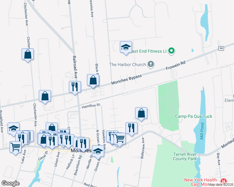 map of restaurants, bars, coffee shops, grocery stores, and more near 1 Bernstein Boulevard in Center Moriches
