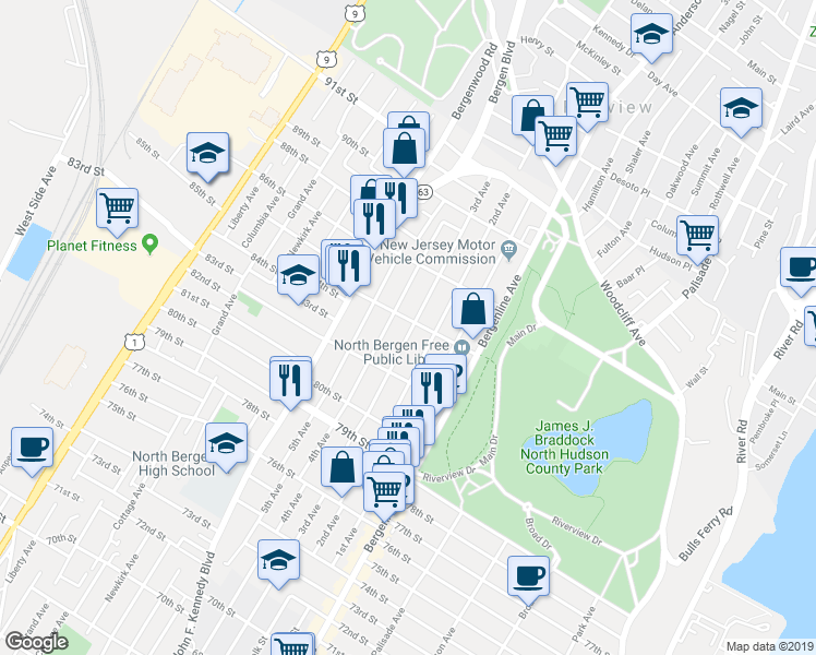 map of restaurants, bars, coffee shops, grocery stores, and more near 801 85th Street in North Bergen