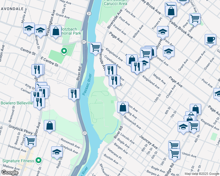 map of restaurants, bars, coffee shops, grocery stores, and more near 763 Riverside Avenue in Lyndhurst