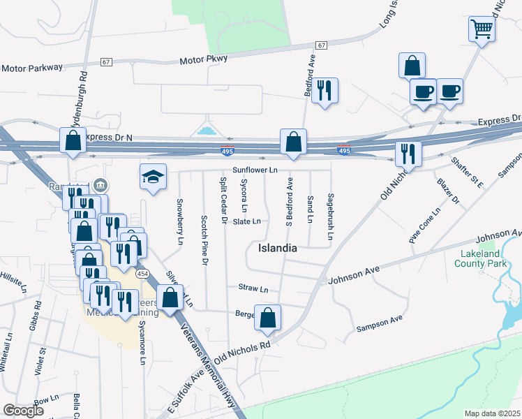 map of restaurants, bars, coffee shops, grocery stores, and more near 180 Serpentine Lane in Islandia