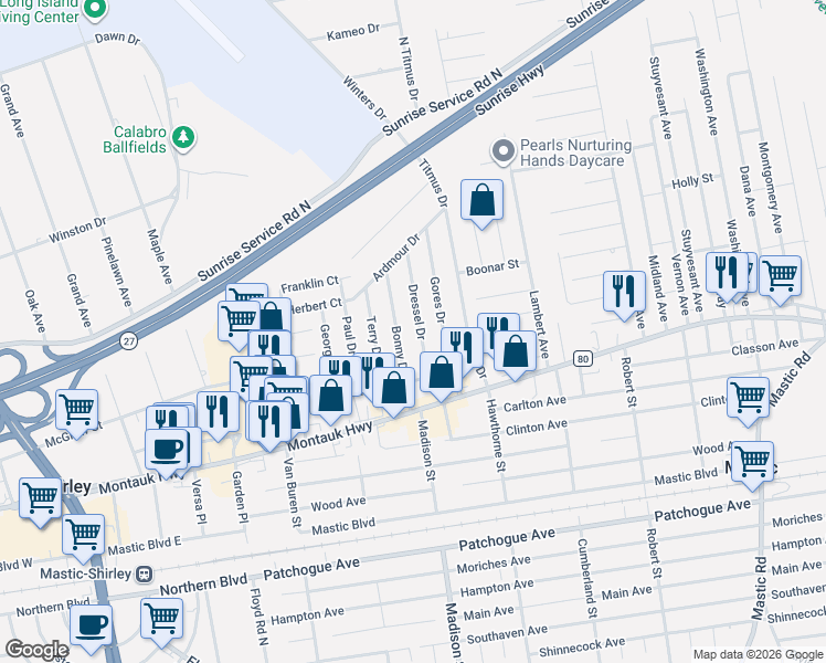 map of restaurants, bars, coffee shops, grocery stores, and more near 17 Dressel Drive in Mastic