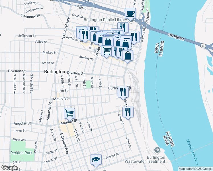 map of restaurants, bars, coffee shops, grocery stores, and more near 237 South 4th Street in Burlington