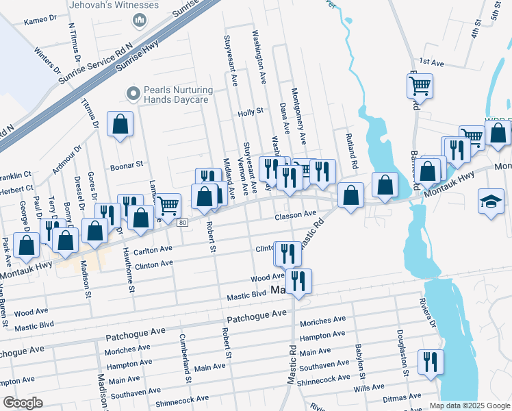 map of restaurants, bars, coffee shops, grocery stores, and more near 1550 Montauk Highway in Mastic