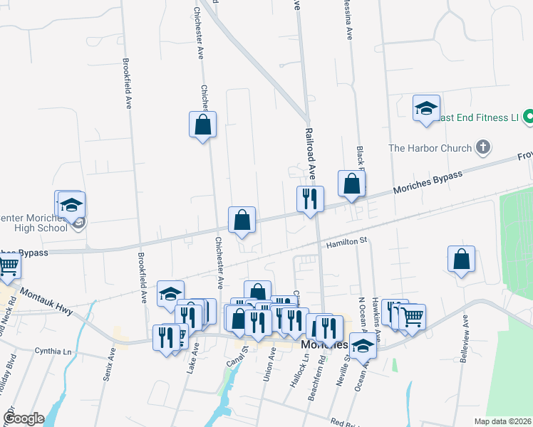 map of restaurants, bars, coffee shops, grocery stores, and more near 9 Saunders Avenue in Center Moriches