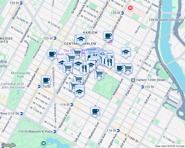 map of restaurants, bars, coffee shops, grocery stores, and more near 10 West 123rd Street in New York