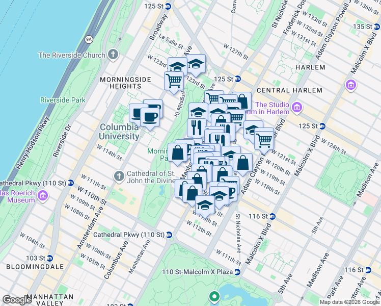 map of restaurants, bars, coffee shops, grocery stores, and more near 408 Manhattan Avenue in New York