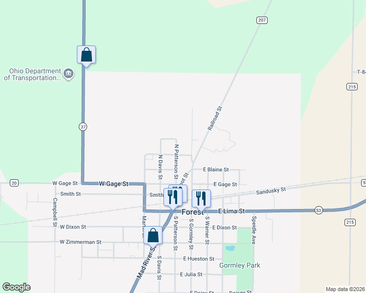 map of restaurants, bars, coffee shops, grocery stores, and more near 503 N Gormley St in Forest