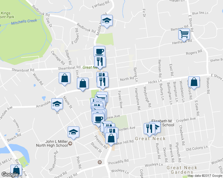 map of restaurants, bars, coffee shops, grocery stores, and more near 16 Hicks Lane in Great Neck