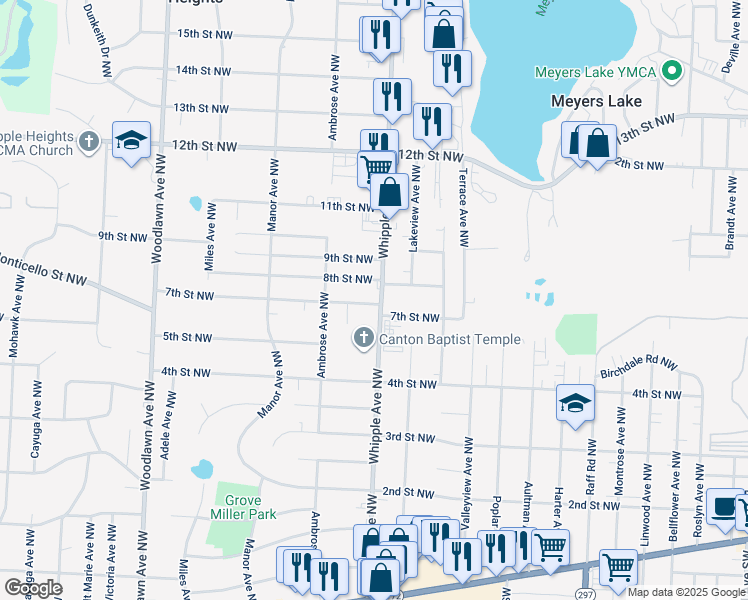 map of restaurants, bars, coffee shops, grocery stores, and more near 707 Whipple Avenue Northwest in Canton