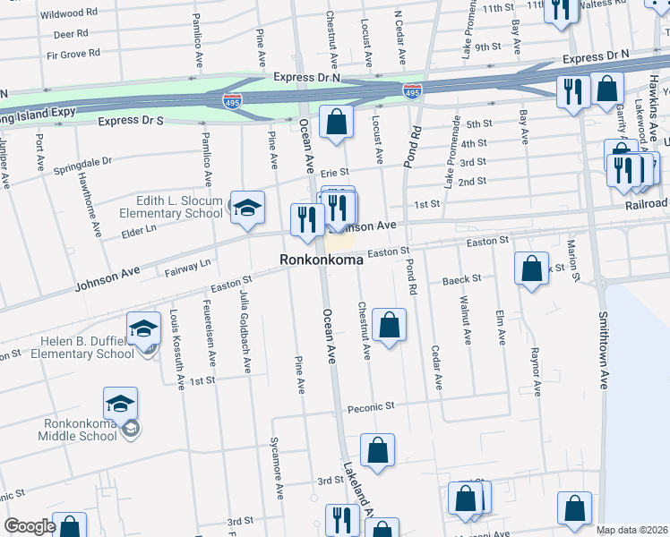 map of restaurants, bars, coffee shops, grocery stores, and more near 2395 Ocean Avenue in Ronkonkoma