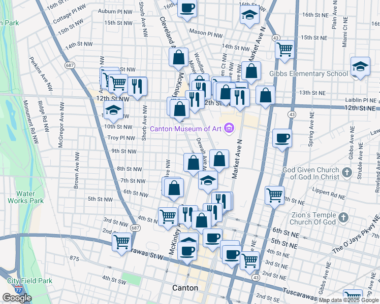 map of restaurants, bars, coffee shops, grocery stores, and more near 915 Mckinley Ave NW in Canton