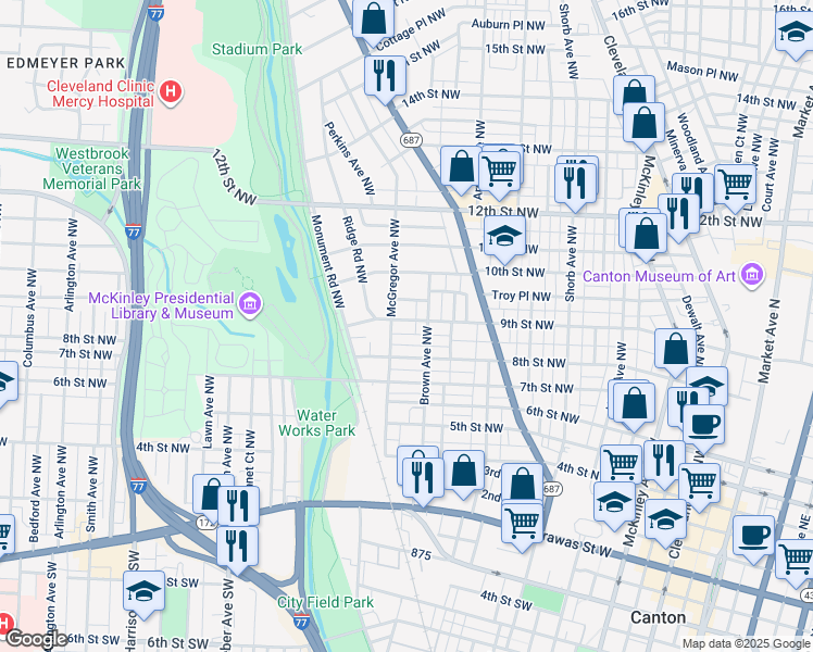 map of restaurants, bars, coffee shops, grocery stores, and more near 1320 9th Street Northwest in Canton