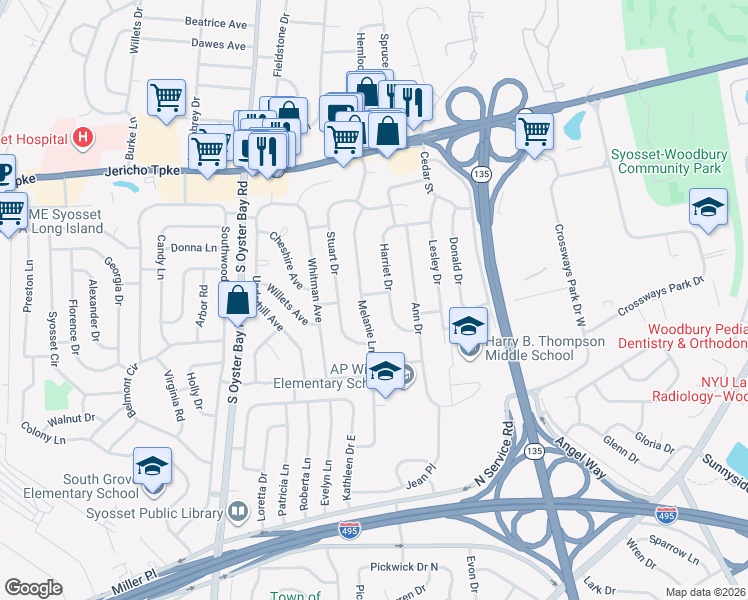 map of restaurants, bars, coffee shops, grocery stores, and more near 3 Beth Place in Syosset