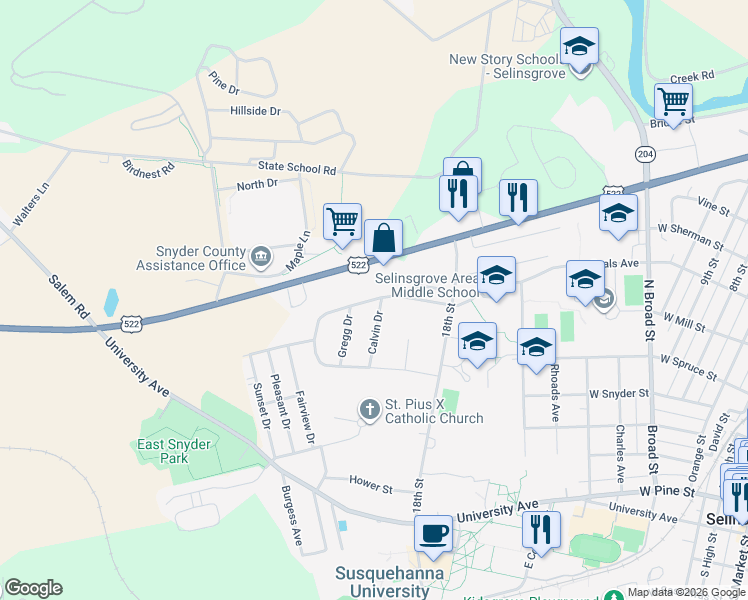 map of restaurants, bars, coffee shops, grocery stores, and more near 2-4 Calvin Drive in Selinsgrove