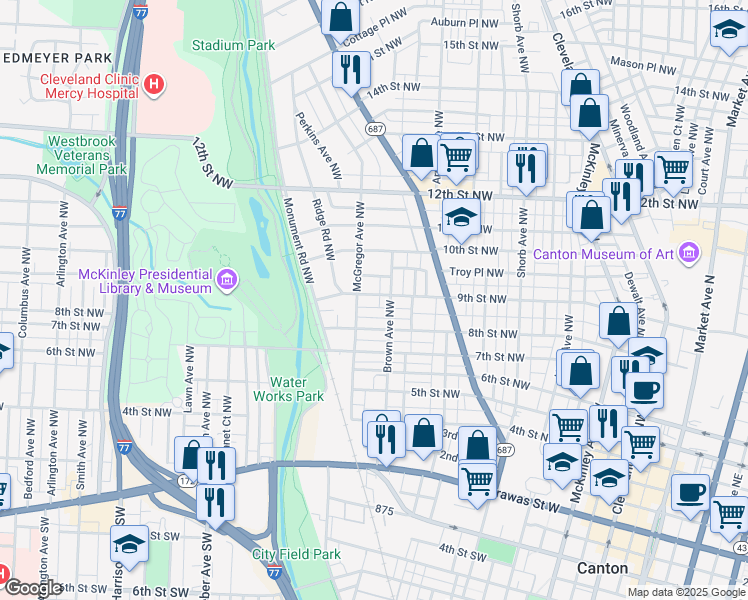 map of restaurants, bars, coffee shops, grocery stores, and more near 1320 9th Street Northwest in Canton