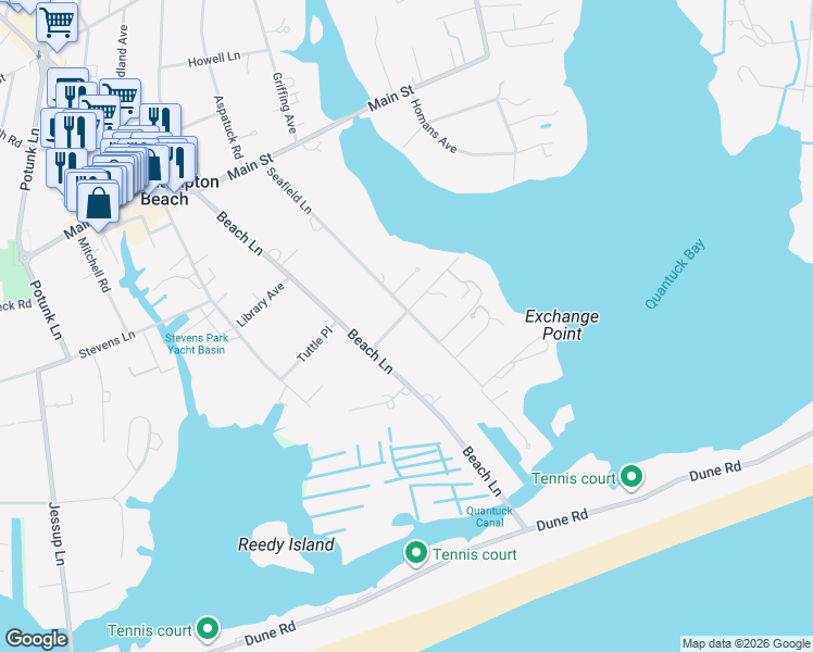 map of restaurants, bars, coffee shops, grocery stores, and more near 15 Sunswyck Lane in Westhampton Beach