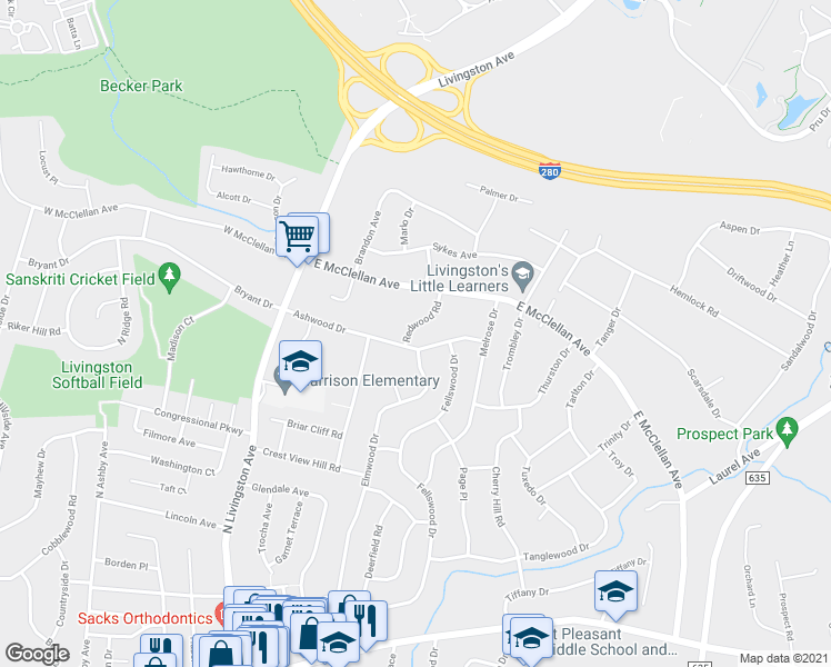 map of restaurants, bars, coffee shops, grocery stores, and more near 6 Redwood Road in Livingston