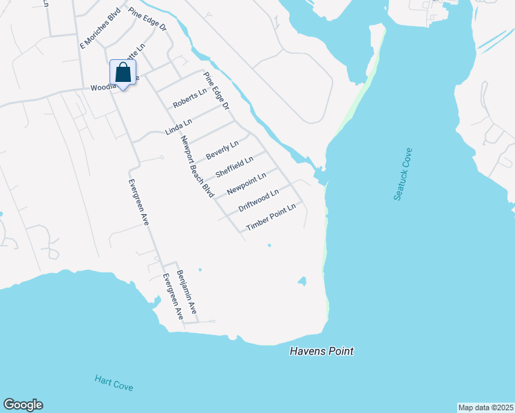 map of restaurants, bars, coffee shops, grocery stores, and more near 42 Driftwood Lane in East Moriches