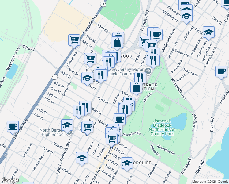 map of restaurants, bars, coffee shops, grocery stores, and more near 801 85th Street in North Bergen