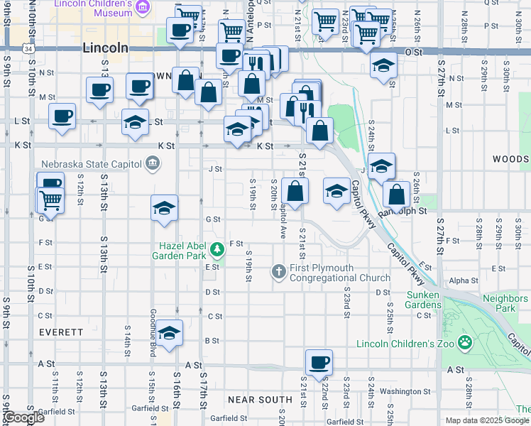 map of restaurants, bars, coffee shops, grocery stores, and more near 1930 G Street in Lincoln