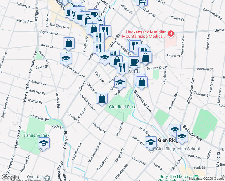 map of restaurants, bars, coffee shops, grocery stores, and more near 69 Mission Street in Montclair