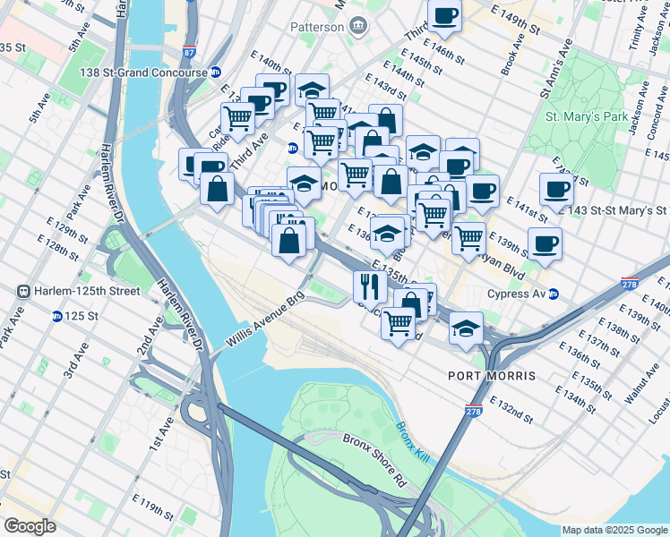 map of restaurants, bars, coffee shops, grocery stores, and more near 128 Willis Avenue in The Bronx