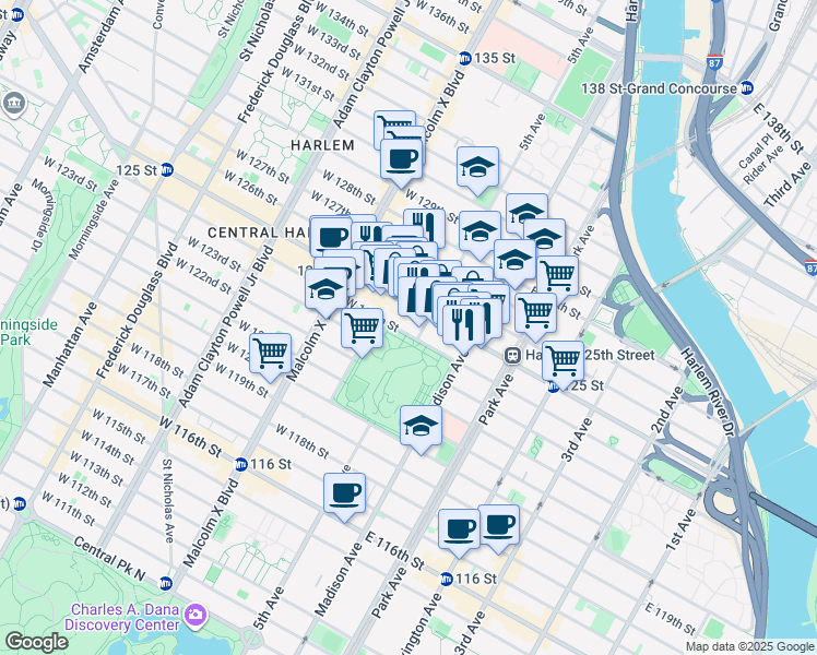 map of restaurants, bars, coffee shops, grocery stores, and more near 4 East 125th Street in New York