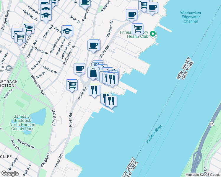 map of restaurants, bars, coffee shops, grocery stores, and more near 90 The Promenade in Edgewater