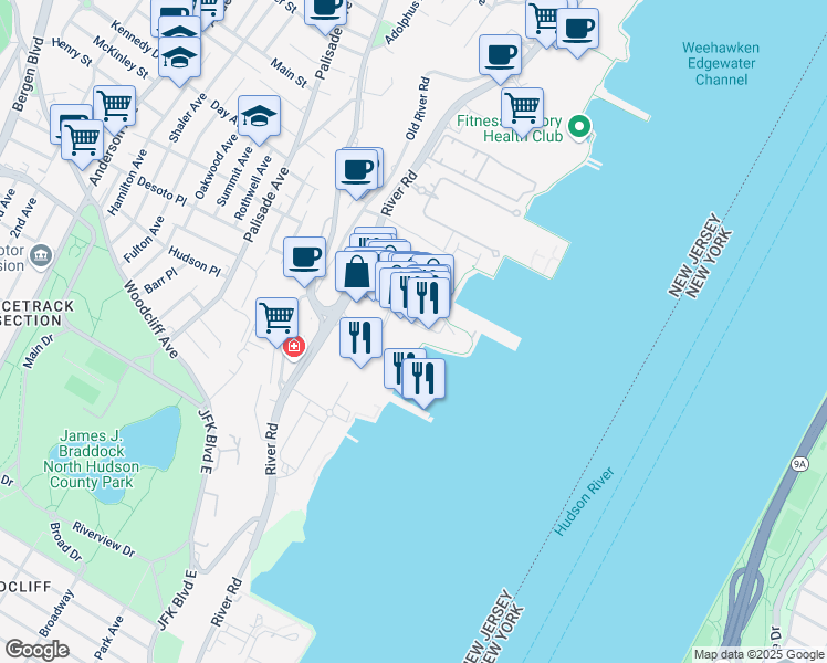 map of restaurants, bars, coffee shops, grocery stores, and more near 90 The Promenade in Edgewater
