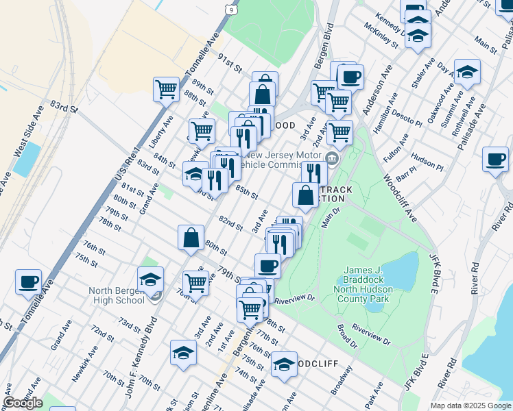 map of restaurants, bars, coffee shops, grocery stores, and more near 801 85th Street in North Bergen