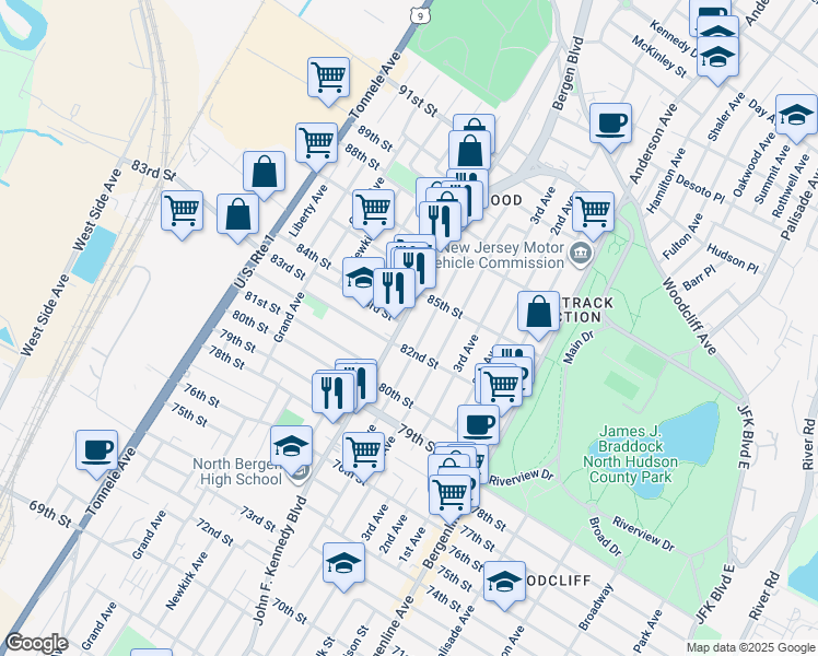 map of restaurants, bars, coffee shops, grocery stores, and more near 8203 B John F. Kennedy Boulevard in North Bergen