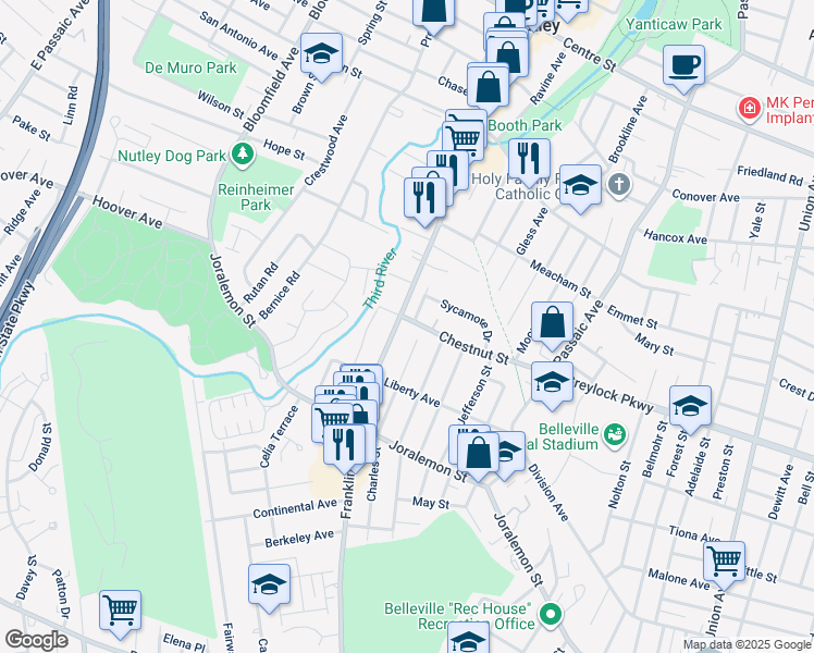 map of restaurants, bars, coffee shops, grocery stores, and more near 494 Franklin Avenue in Belleville
