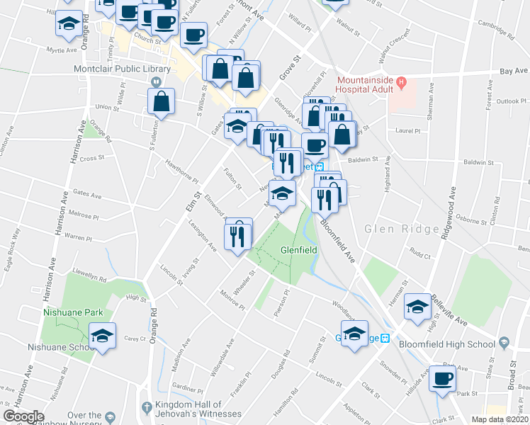 map of restaurants, bars, coffee shops, grocery stores, and more near 69 Mission Street in Montclair