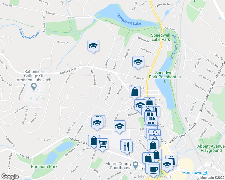 map of restaurants, bars, coffee shops, grocery stores, and more near 104 Mills Street in Morristown