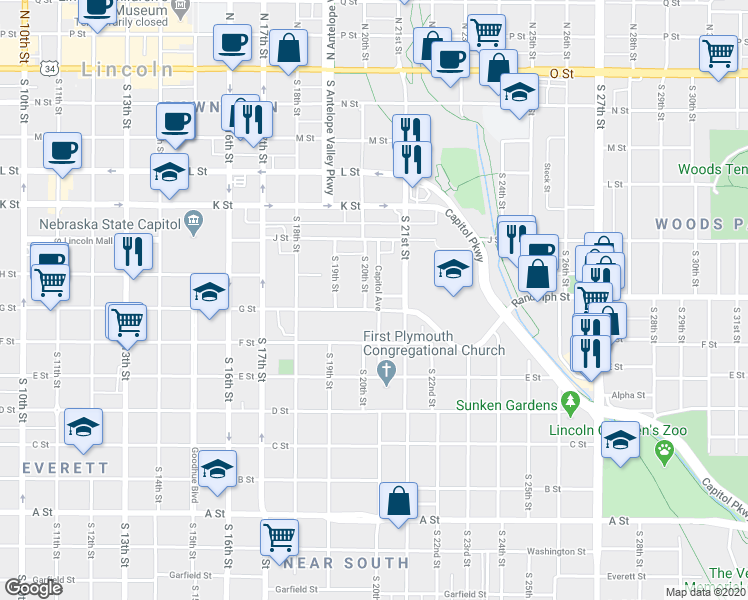 map of restaurants, bars, coffee shops, grocery stores, and more near 2020 G Street in Lincoln